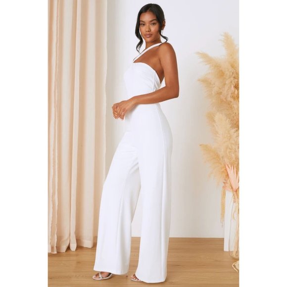 Lulus Iconic Impulse Backless Wide Leg Jumpsuit w/Split Halter Neck Straps White - Picture 4 of 6